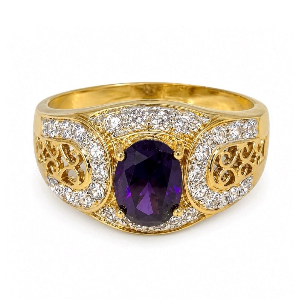 Vintage 1980s Ring Size 7 Purple CZ Pave Filigree Gold Plated Band - 14J